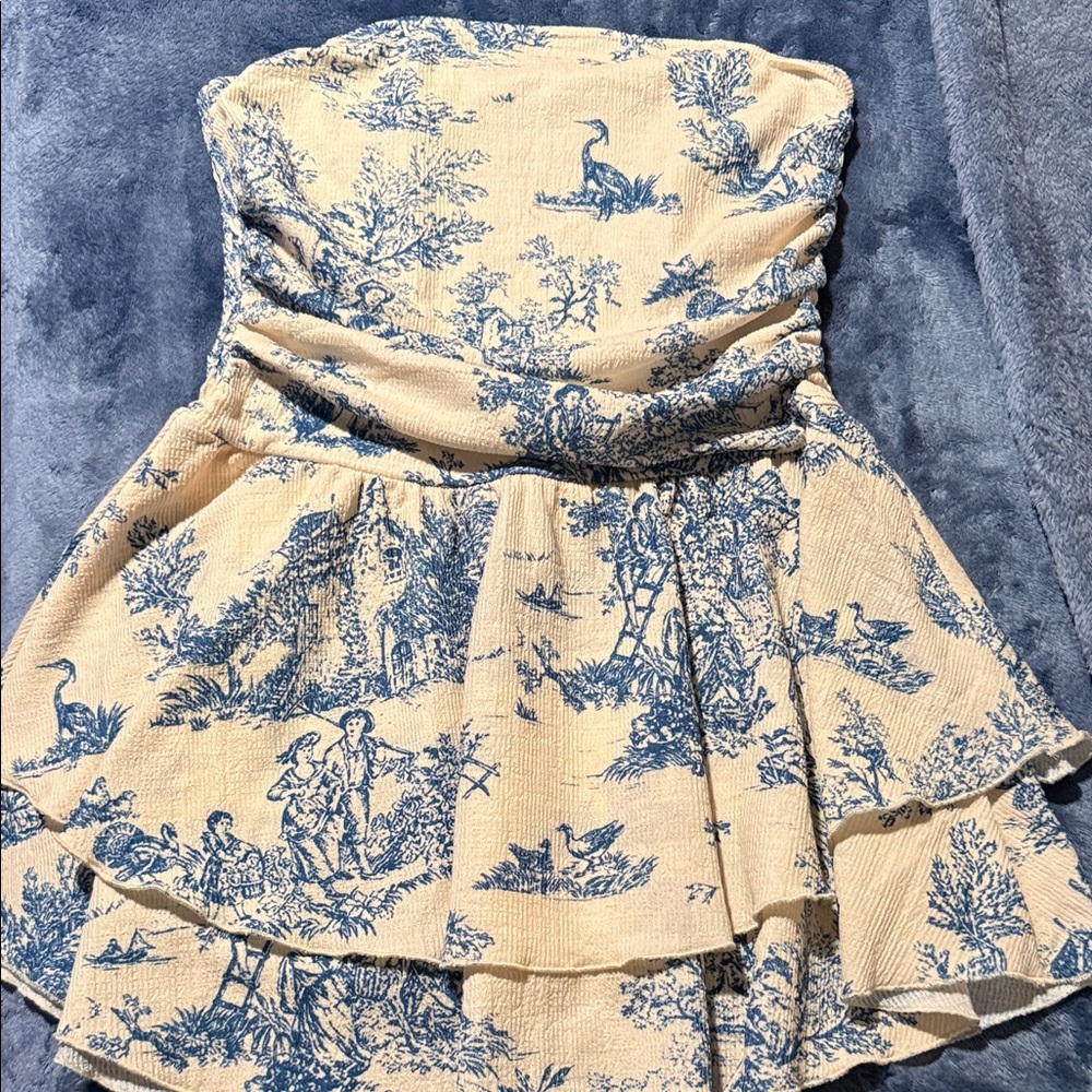 Cider Blue and Cream Strapless Dress